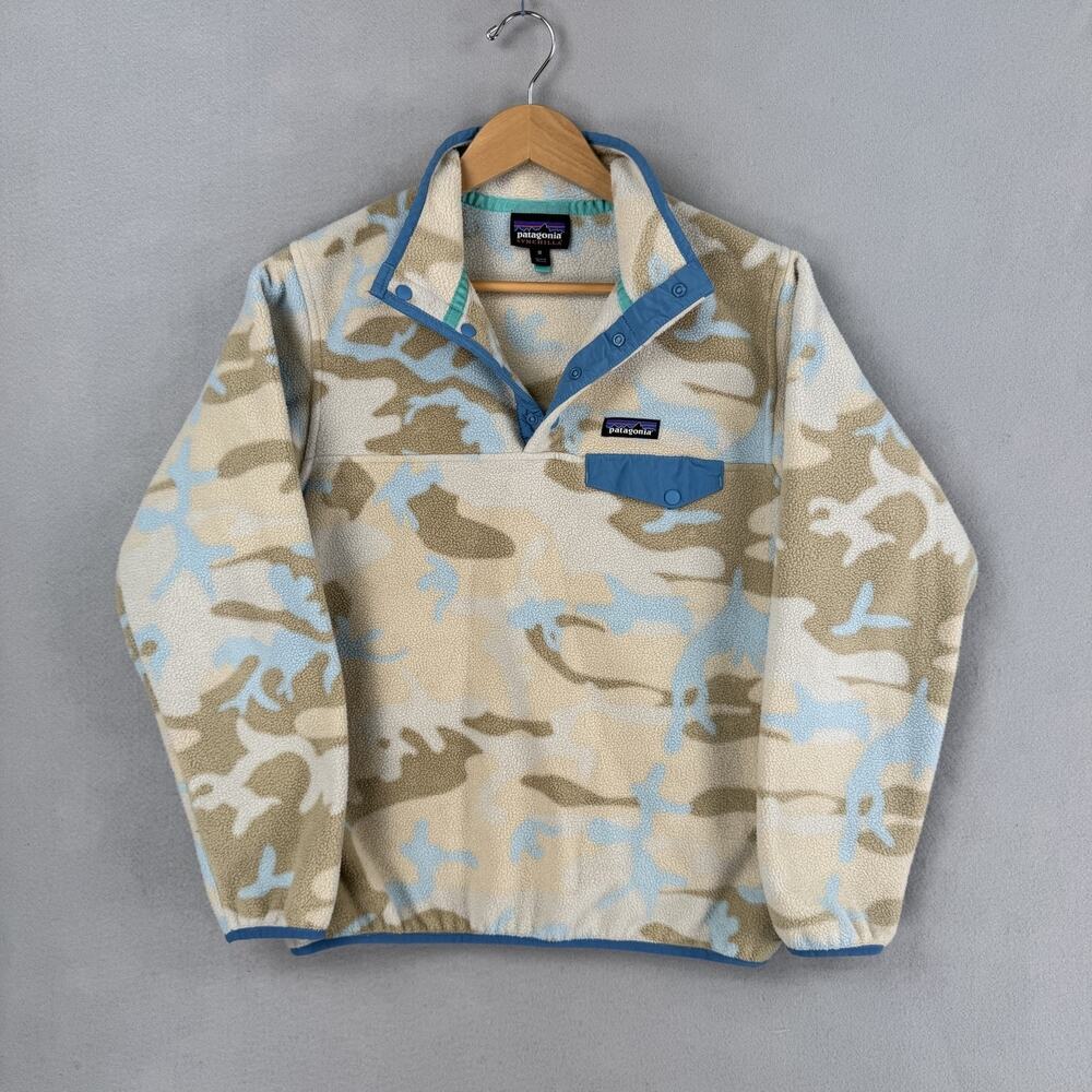 Patagonia Fleece Jacket Womens M Beige Blue Camo Snap Front Pullover Synchilla